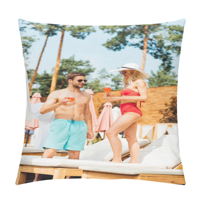 Personality  Full Length View Of Happy Smiling Couple Holding Cocktails At Resort In Sunny Day Pillow Covers