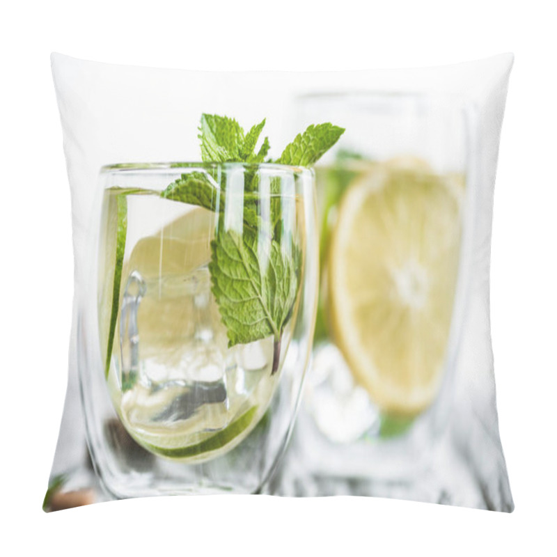 Personality  Selective Focus Of Fresh Cold Mojito Cocktail In Glasses On Wooden Table  Pillow Covers