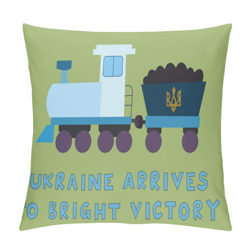 Personality  Illustration Of Cartoon Train With National Trident Symbol Near Ukraine Arrives To Bright Victory Lettering On Green  Pillow Covers