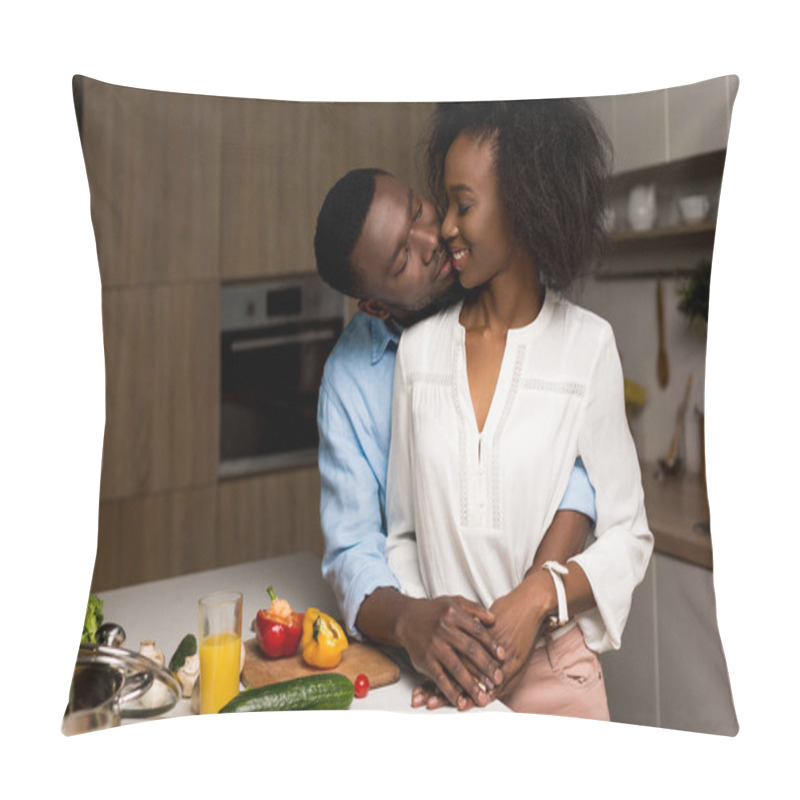 Personality  Smiling African American Couple Hugging Near Table With Vegetables And Saucepan Pillow Covers