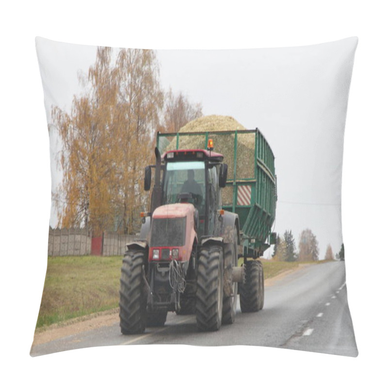 Personality  Big Heavy Wheeled Tractor With A Hau Loaded Trailer Drive On Empty Asphalted Road On Yellow Birch Trees Background At Autumn Day, Russian Agricultural Transportation Machinery Landscape Pillow Covers