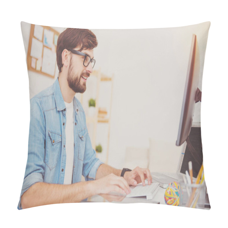 Personality  Smiling Programmer In Glasses Working In An Office Pillow Covers