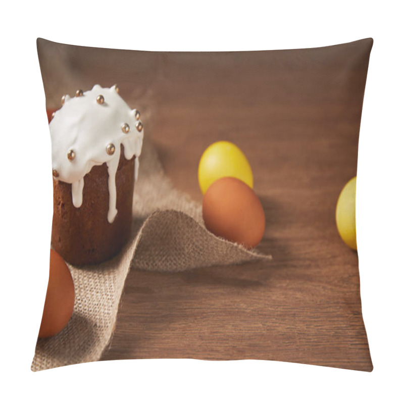 Personality  Painted Chicken Eggs And Traditional Easter Cake Decorated With Sprinkles On Sackcloth Pillow Covers