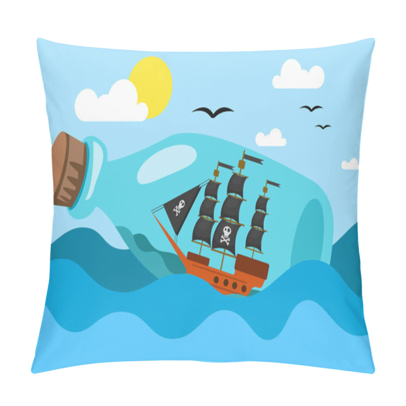 Personality  Vector Illustration Of Glass Bottle With Pirate Ship Miniature Inside Floating In Water Of Sea. Eps Vector Illustration, Horizontal Image Pillow Covers