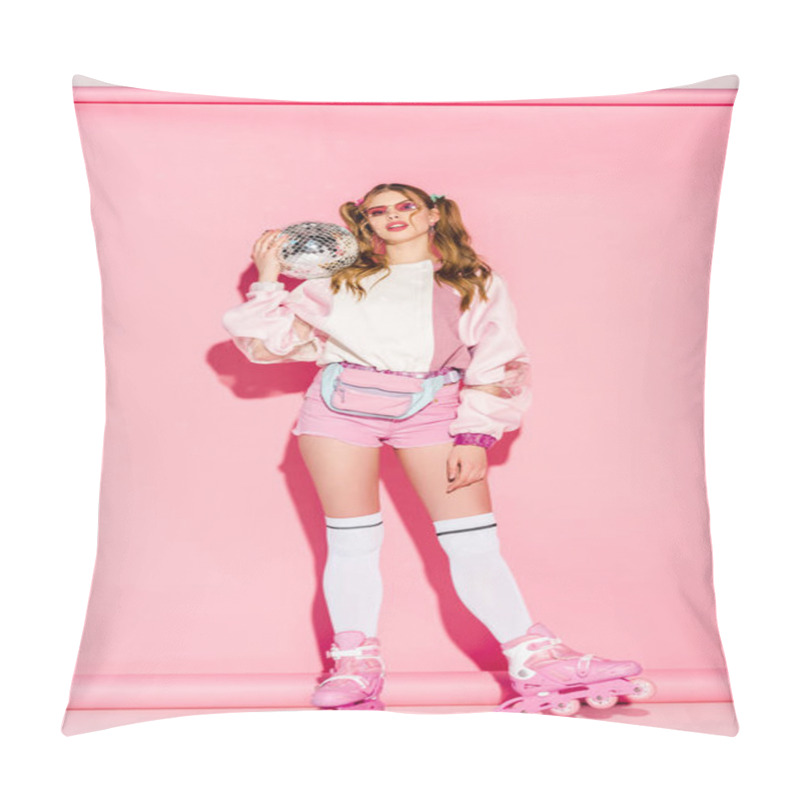 Personality  Attractive Girl In Sunglasses Holding Disco Ball While Standing In Roller-skates On Pink Pillow Covers