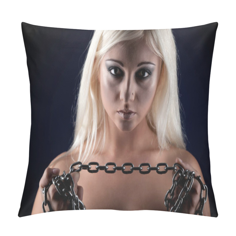 Personality  Young Beautiful Blond Woman Standing And Holding Massive Chains In Hands Over Black Background Pillow Covers