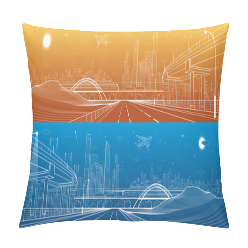 Personality  Infrastructure Panorama. Car Overpass, City Skyline, Urban Scene, Plane Takes Off, Train Move, Transport Illustration, Mountains, White Lines On Blue And Orange Background, Vector Design Art Pillow Covers