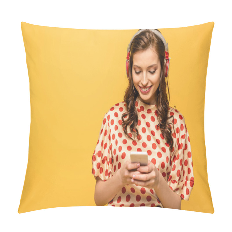 Personality  Cheerful Young Woman In Wireless Headphones Chatting On Smartphone Isolated On Yellow Pillow Covers