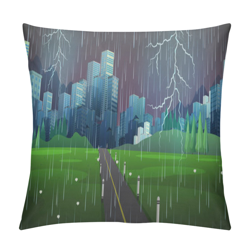 Personality  City Scene With Rain And Thunders Pillow Covers