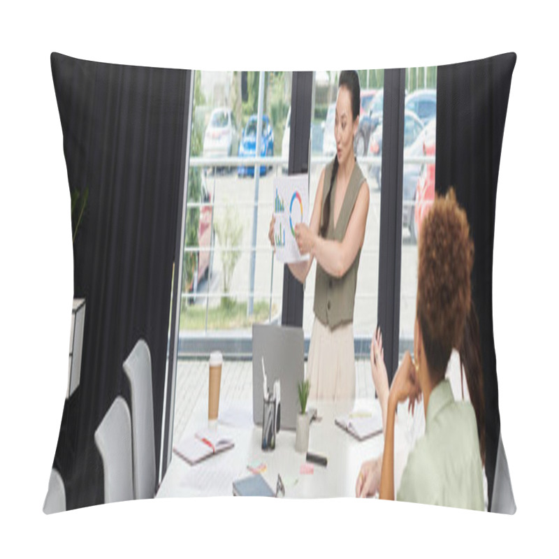 Personality  A Confident Woman Shares Important Business Analytics With Her Colleagues At An Office Meeting. Pillow Covers