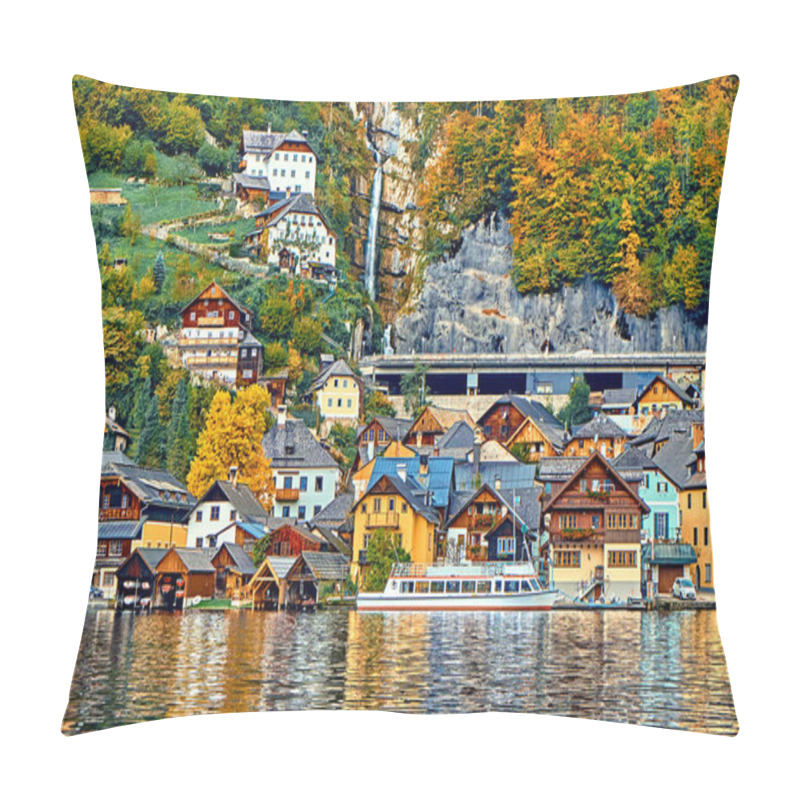 Personality  Hallstatt Austrian Alps Resort And Mountain Village With Traditional Rural Alps Houses, Restaurants, Hotels And Wooden Boat Houses At Hallstatt Lake. Location: Hallstatt Lake, Austria, Alps Pillow Covers