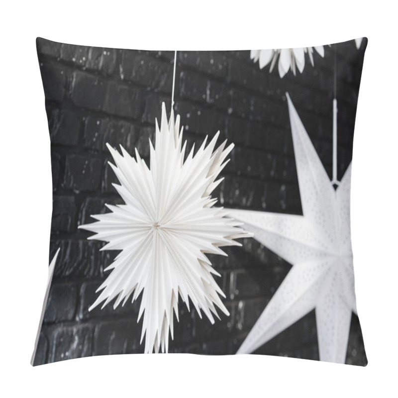 Personality  Elegant White Paper Stars Dangle From Above, Creating A Striking Contrast Against The Dark Brick Wall. These Decorations Add A Festive Touch, Perfect For Holiday Celebrations And Gatherings. Pillow Covers