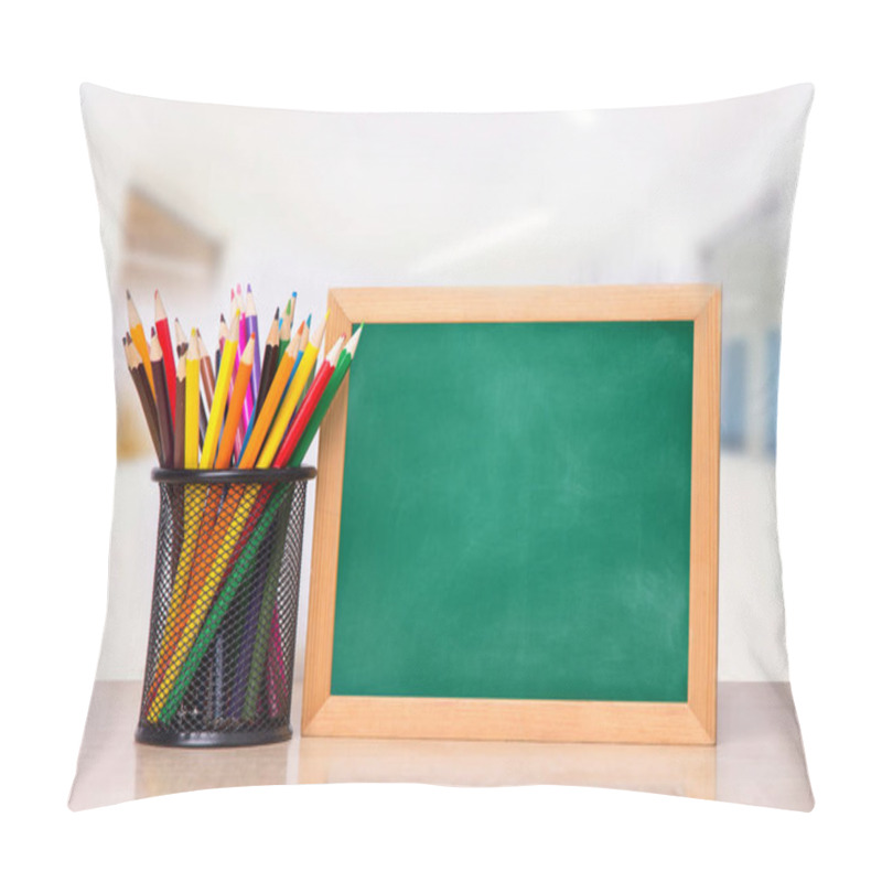 Personality  A Glass With Pencils And A School Board For Writing On A Wooden Table Pillow Covers