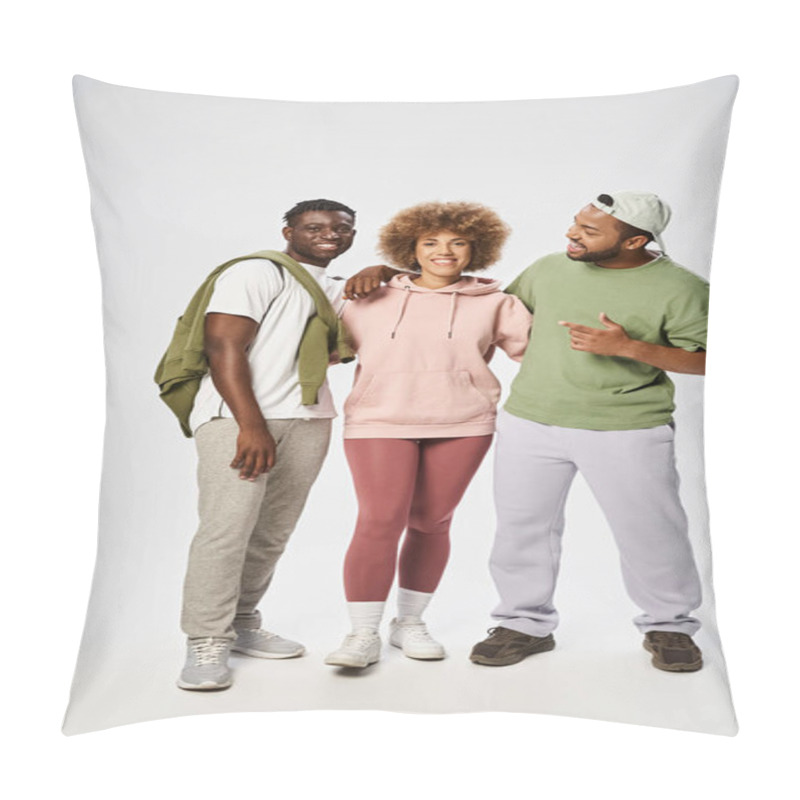 Personality  Cheerful African American Friends Standing Together On Grey Background, Juneteenth Celebration Pillow Covers