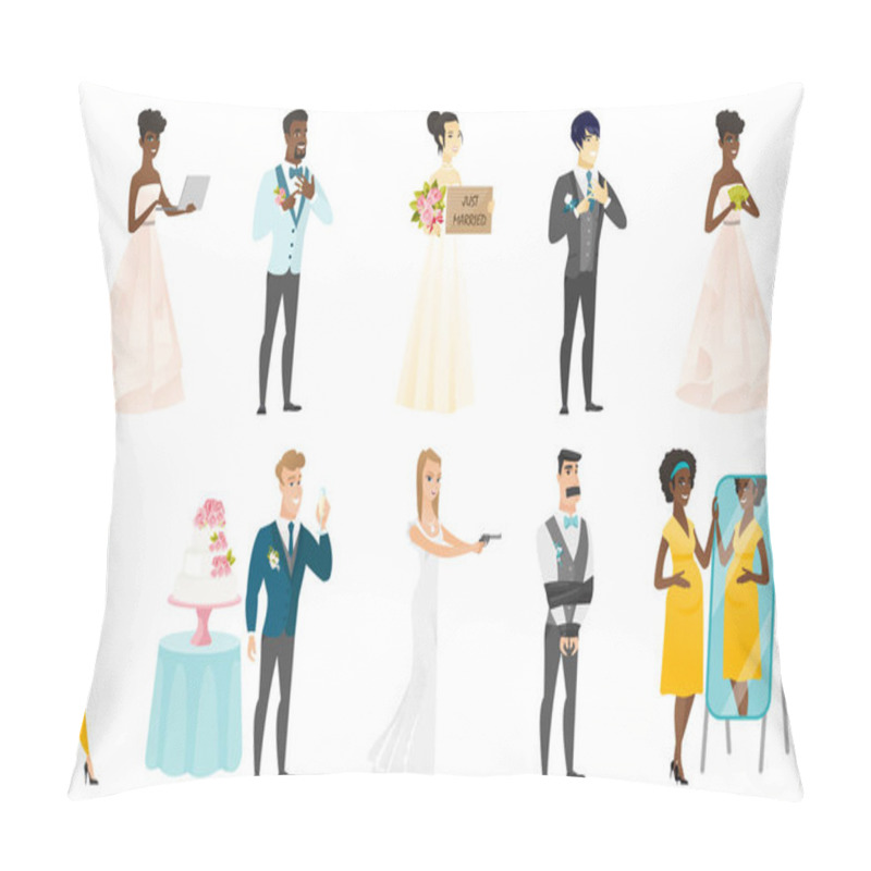 Personality  Bride And Groom Vector Illustrations Set. Pillow Covers