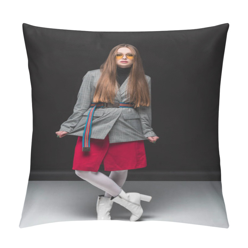 Personality  Woman In Gray Jacket And Red Skirt Pillow Covers