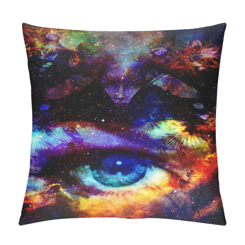 Personality  Goodness Woman And Bird With Ornamental Mandala, Space Background With Stars. Eye Contact. Titmouse Bird. Pillow Covers