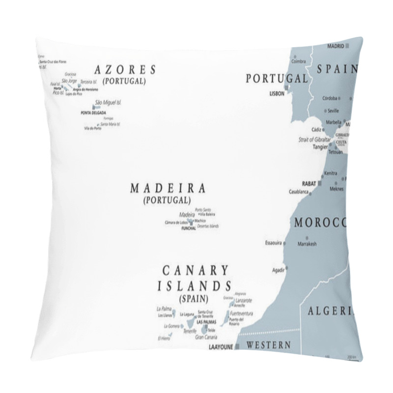 Personality  Azores, Madeira, And Canary Islands, Gray Political Map. Autonomous Regions Of Portugal And Spain, Archipelagos Of Volcanic Islands In Macaronesia Region Of North Atlantic Ocean, Next To North Africa. Pillow Covers