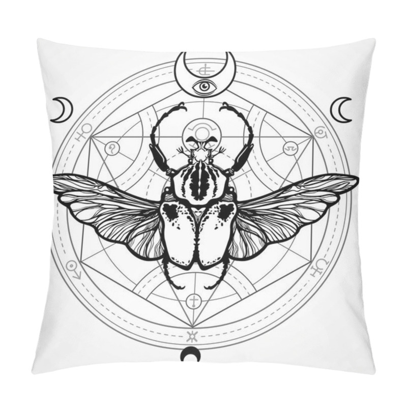 Personality  Winged Bug. Mystical Circle. Esoteric Symbol, Sacred Geometry. Sign Of The Moon. Monochrome Drawing Isolated On A White Background. Vector Illustration. Print, Posters, T-shirt, Textiles. Pillow Covers