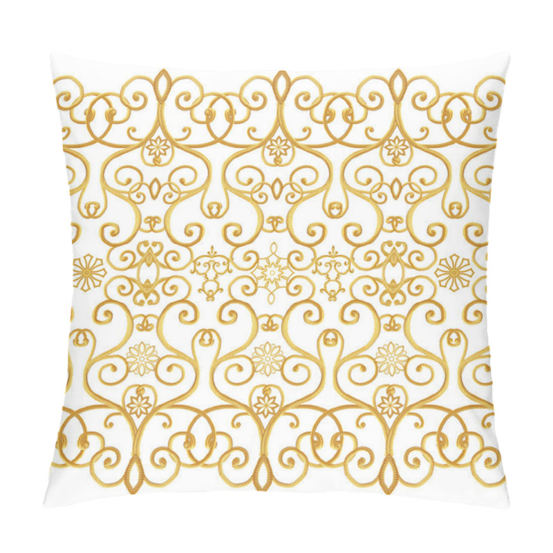 Personality  Seamless Pattern. Golden Textured Curls. Oriental Style Arabesques. Brilliant Lace, Stylized Flowers. Openwork Weaving Delicate, Golden Black Background. Pillow Covers