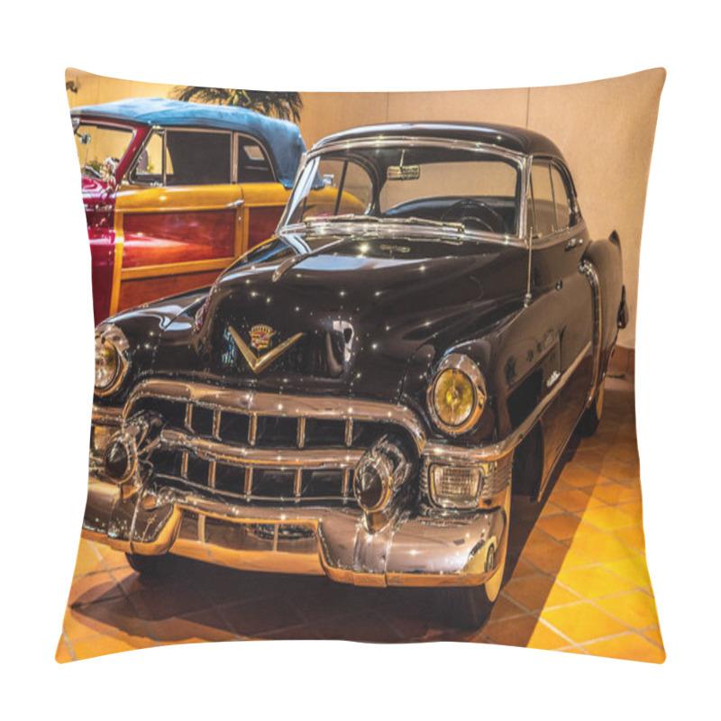 Personality  FONTVIEILLE, MONACO - JUN 2017: Black CADILLAC 62 1953 In Monaco Top Cars Collection Museum. Pillow Covers