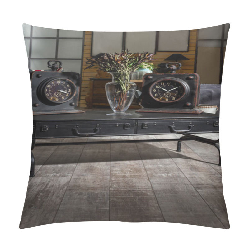 Personality  Interior Of Modern Retro Styled Living Room With Two Clocks And Dried Flowers On Table Pillow Covers