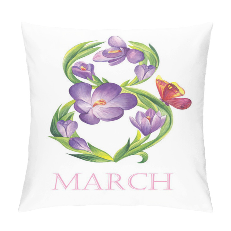 Personality  Watercolor Illustration. Spring Flowers Crocuses Growing In Shape Of Figure Eight. March 8. Pillow Covers