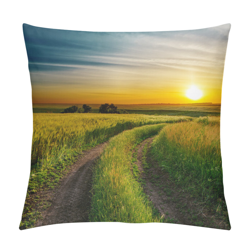 Personality  Good Sunset And Dirty Road In Green Spring Field Pillow Covers