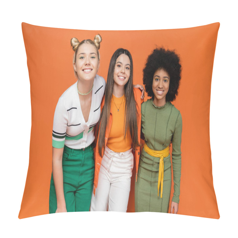 Personality  Positive And Multiethnic Teenage Girlfriends In Trendy Outfits Hugging Each Other And Smiling At Camera While Standing On Orange Background, Trendy Generation Z Concept, Friendship And Companionship Pillow Covers