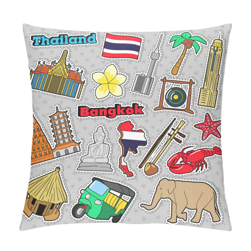 Personality  Thailand Travel Elements With Architecture For Badges, Stickers, Prints. Vector Doodle Pillow Covers