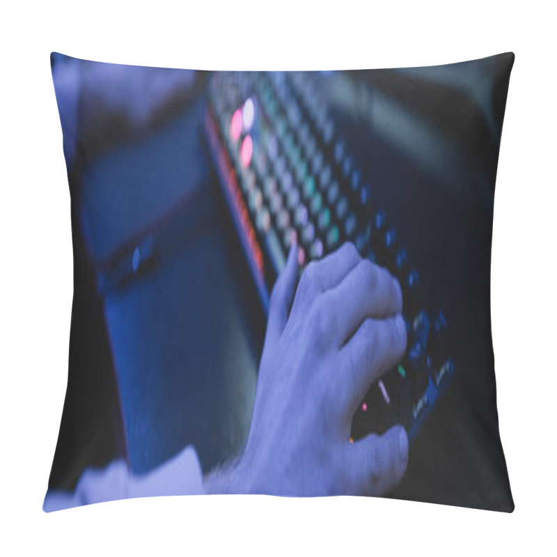 Personality  Cropped View Of Man Using Keyboard In Cyber Club With Lighting, Banner  Pillow Covers