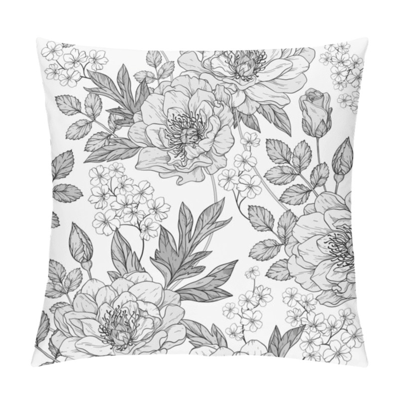 Personality  Seamless Monochrome Gray Floral Pattern With Peony Flowers. Pillow Covers