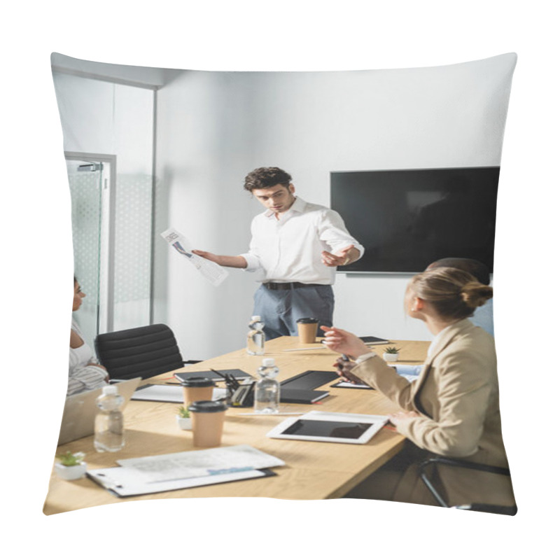 Personality  Businessman Holding Newspaper And Pointing With Hand Near Interracial Business Partners Pillow Covers