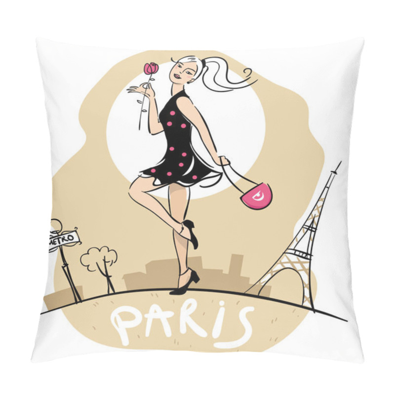 Personality  Happy Girl With Flower And Hand Bag Walking In Paris. Beautiful Happy Woman Walking At Paris Cityscape. Hand-made Paris Lettering. Pillow Covers