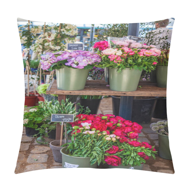 Personality  Close Up View Of Hortensia And Peonies In Buckets On Market Place Pillow Covers