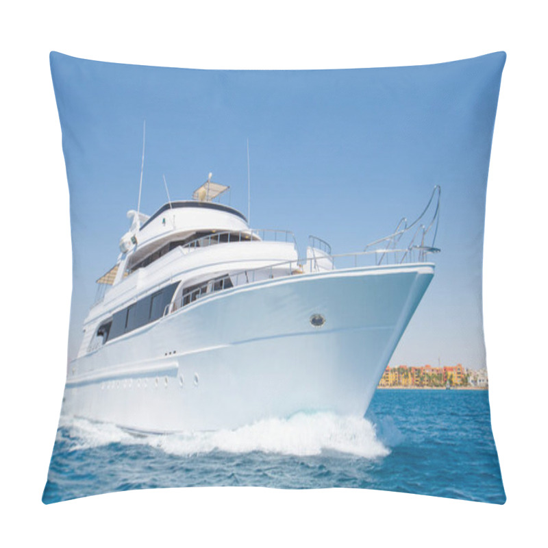 Personality  A Luxury Private Motor Yacht Under Way On Tropical Sea With Bow Wave Pillow Covers