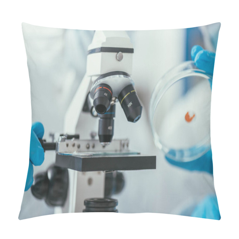 Personality  Partial View Of Biochemist Holding Petri Dish With Biomaterial Near Microscope Pillow Covers