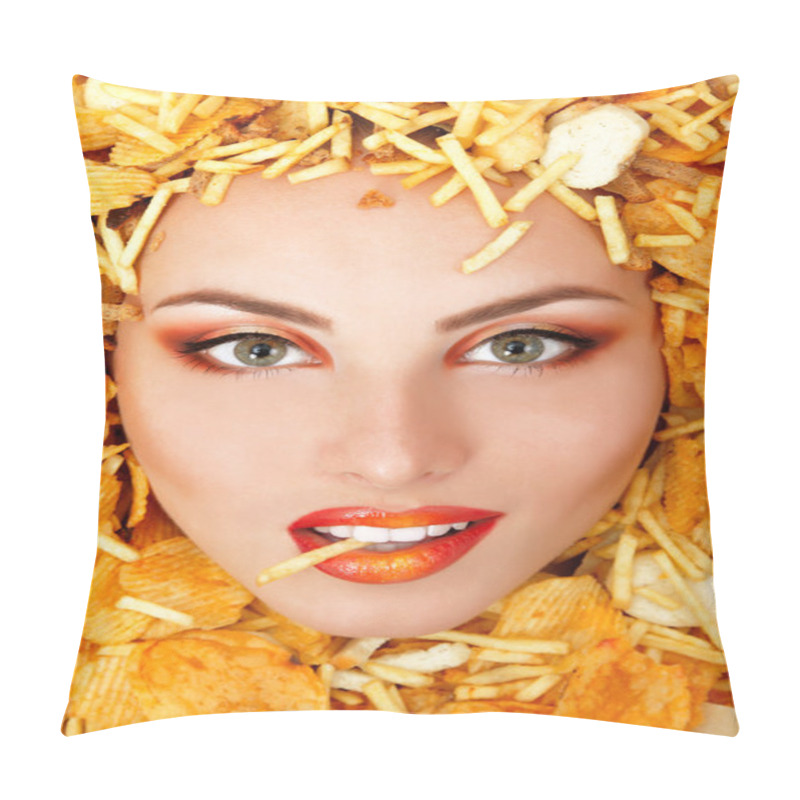 Personality  Portrait Of Beautiful Cheerful Young Female Face With Unhealth Eating Fast Food Potato Chips And Rusk Frame Pillow Covers