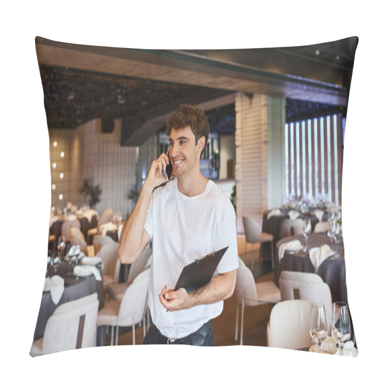 Personality  Smiling Event Organizer With Clipboard Talking On Smartphone Near Festive Tables In Banquet Hall Pillow Covers