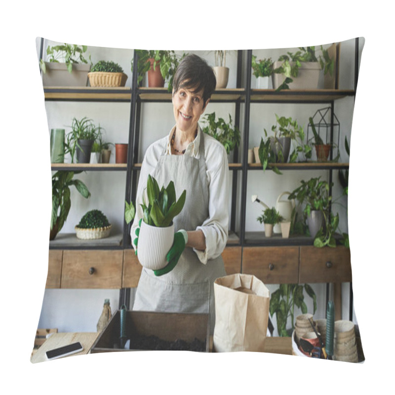 Personality  A Gardener Lovingly Tends To Her Thriving Plants In A Cozy Studio. Pillow Covers