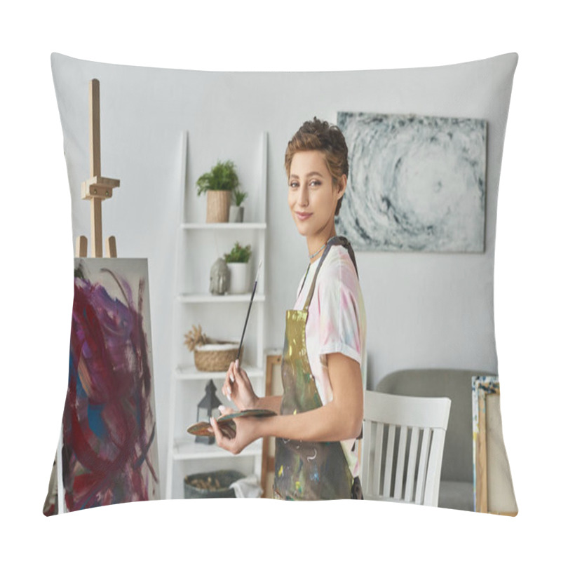 Personality  In A Cheerful Home Studio, A Young Woman With Short Hair Enjoys Painting, Surrounded By Creativity And Color. Pillow Covers