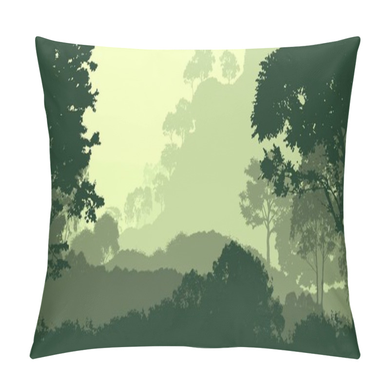 Personality  2d Illustration. Trees In Fog. Deep Forest Haze. Hills Covered By Plants And Foliage. Shrubs And Bushes. Deciduous Wood.  Pillow Covers