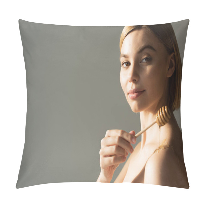 Personality  Blonde Woman Holding Dipper With Sweet Honey Near Bare Shoulder Isolated On Grey Pillow Covers