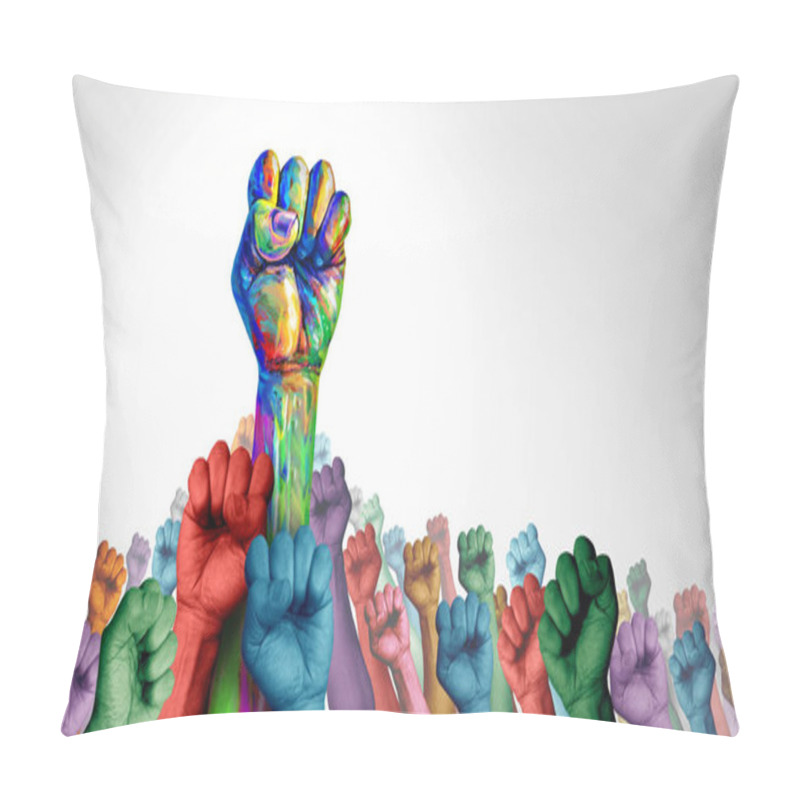 Personality  Social Justice Society As A Crowd Of Protesters And Angry Protest Group Or Protester Unity And Fighting For Rights As Hands In A Fist Of Diverse People Demontrating In A 3D Illustration Style. Pillow Covers