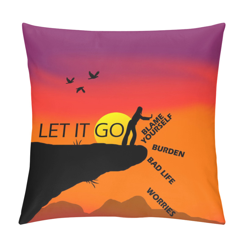 Personality  Let It Go Day Event Motivation Banner. Illustration Of A Woman Throwing Out Negative Words From The Top Of A Cliff On Sunset Background To Celebrate On June 23rd Pillow Covers