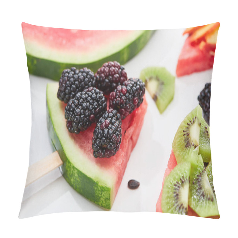 Personality  Close Up View Of Delicious Dessert With Watermelon On Sticks, Kiwi And Blackberries On White Background Pillow Covers