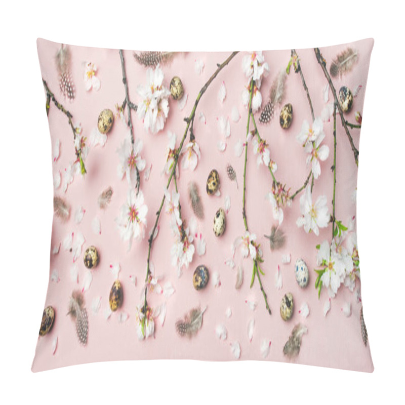 Personality  Easter Holiday Background. Tender Spring Almond Blossom Flowers On Branches, Feathers, Quail Eggs  Pillow Covers