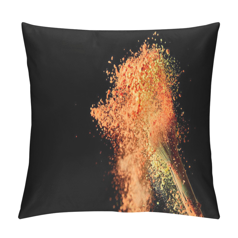 Personality  Cosmetic Brush With Orange Paint Explosion On Black Background With Copy Space Pillow Covers