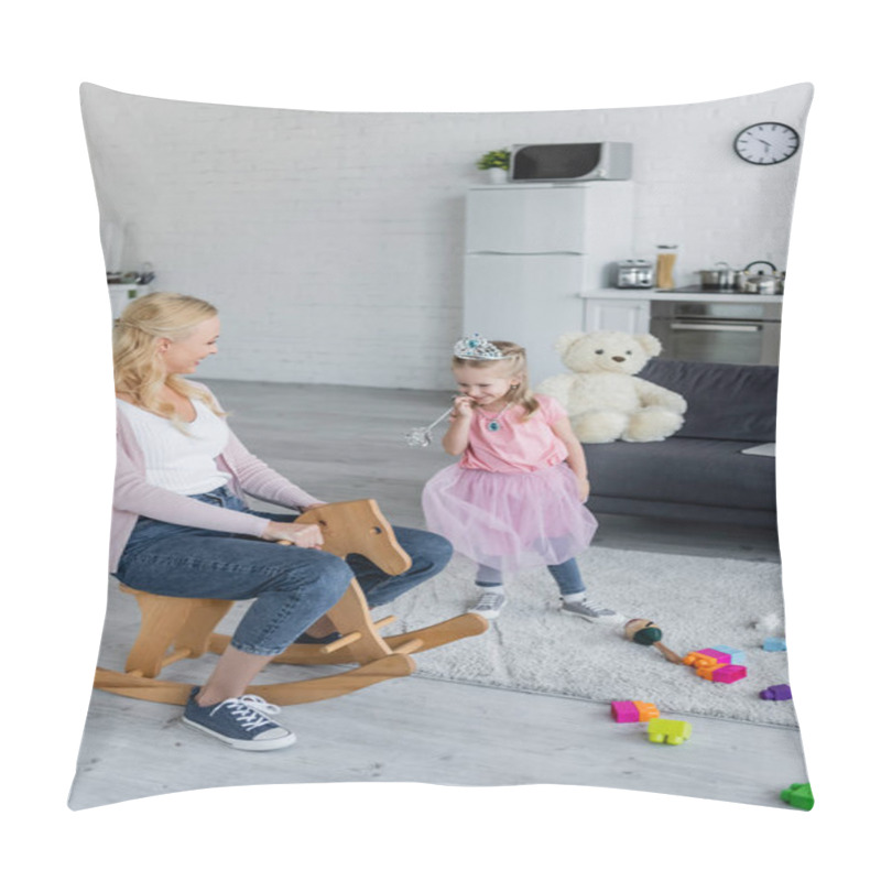 Personality  Cheerful Woman Riding Rocking Horse Near Daughter In Fairy Costume Pillow Covers