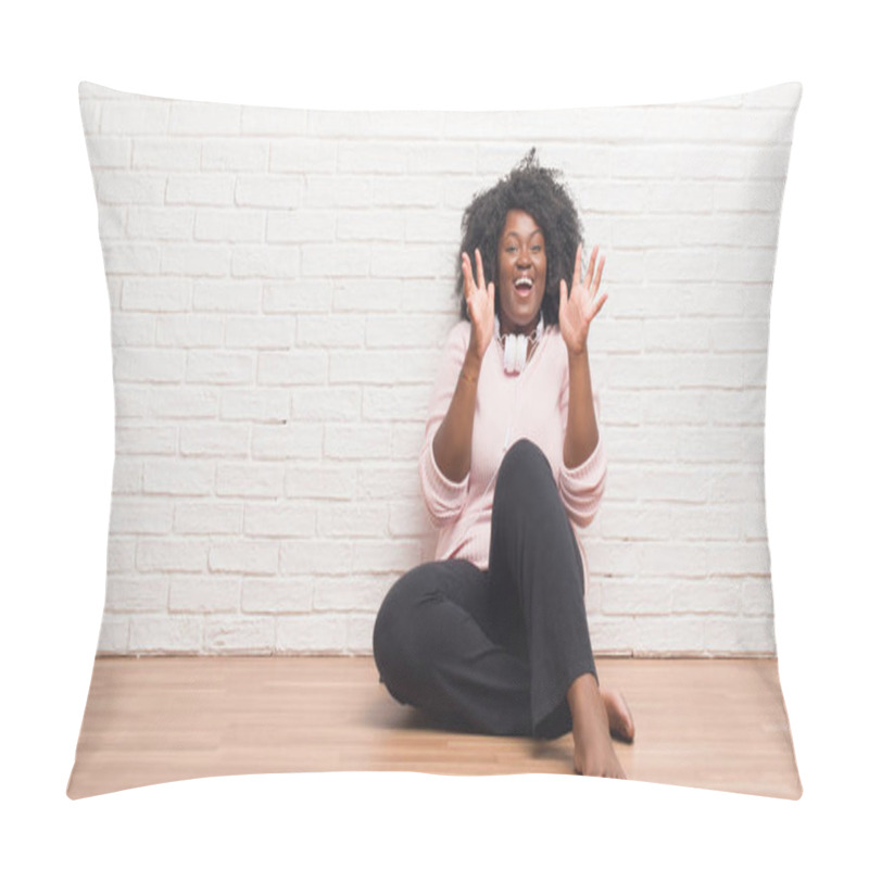 Personality  Young African American Woman Sitting On The Floor Wearing Headphones Celebrating Crazy And Amazed For Success With Arms Raised And Open Eyes Screaming Excited. Winner Concept Pillow Covers